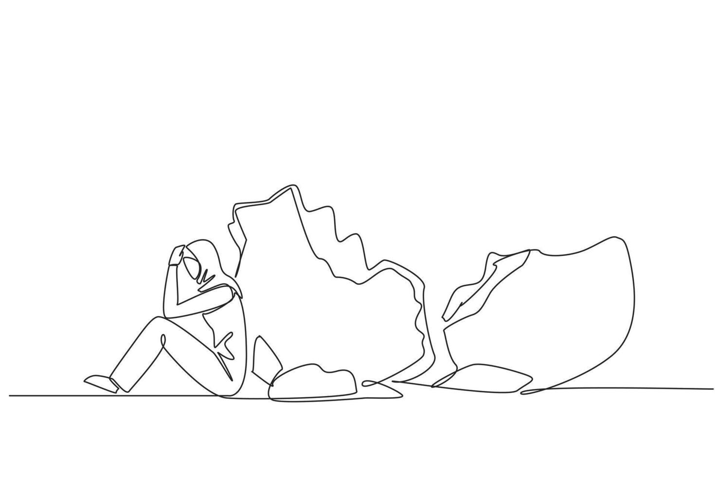 Single one line drawing Arab businesswoman sit slump next to a large, destroyed big piggy bank. Financial problem. Too much debt. Bankrupt. Failed business. Continuous line design graphic illustration vector