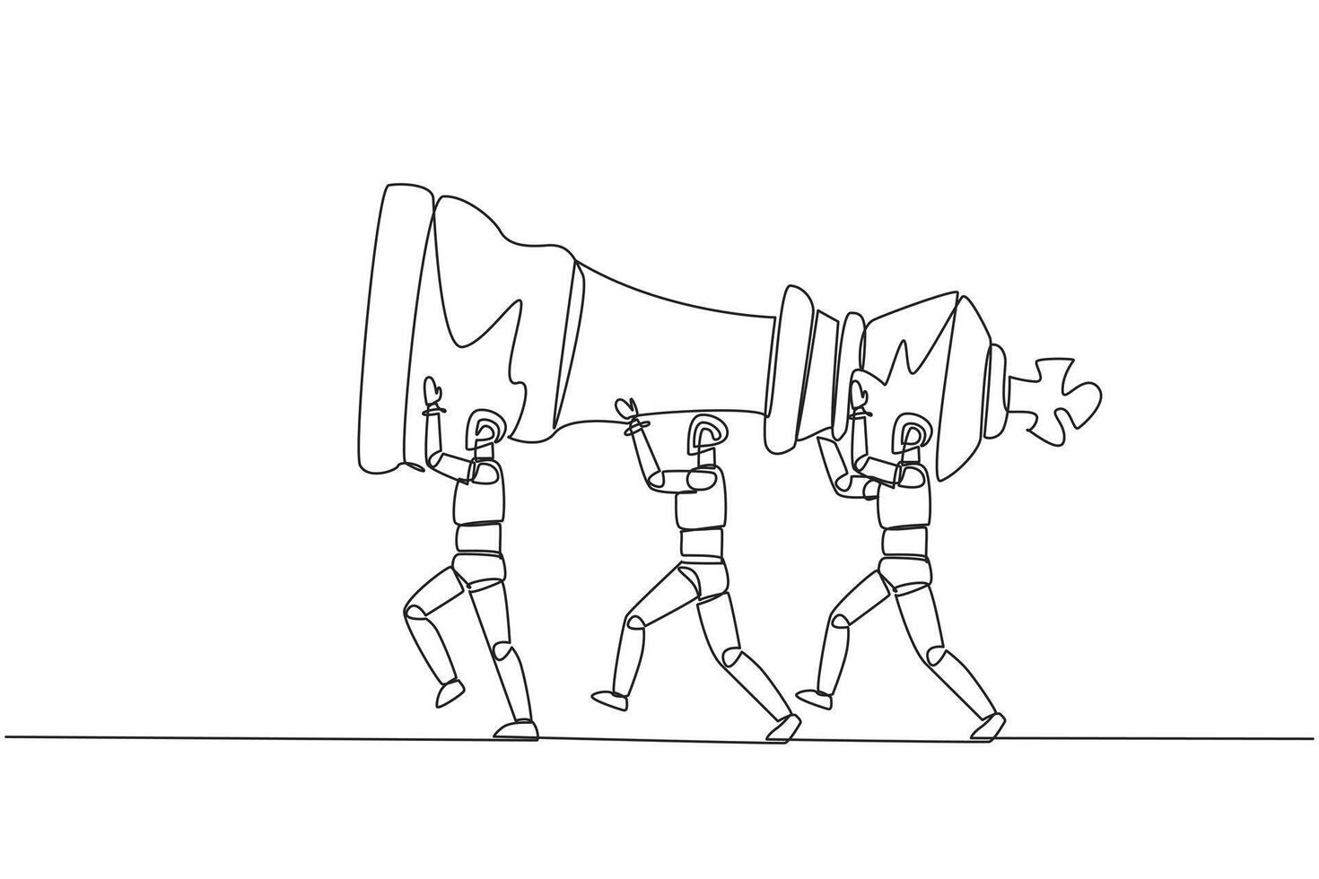 Continuous one line drawing group of robots work together carrying the king's chess pieces. Artificial intelligence is able to design strategy. Technology. Single line draw design illustration vector