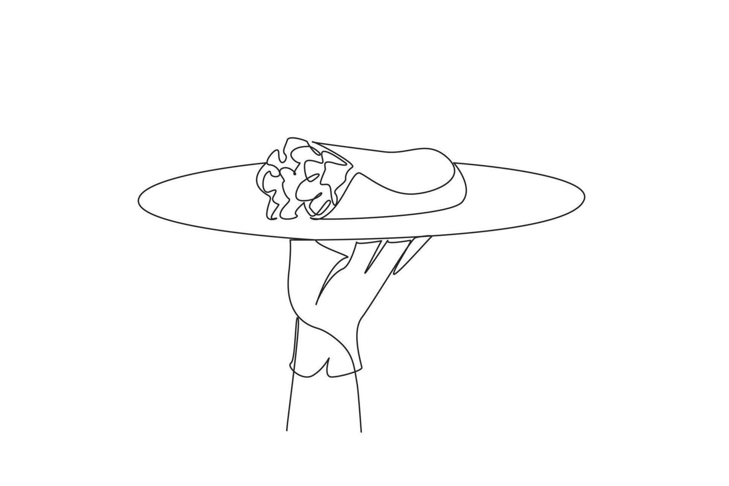 Single one line drawing one of the typical Mexican foods. Rolled in a tortilla which made from corn flour. Contains chicken or beef. Low protein foods. Continuous line design graphic illustration vector