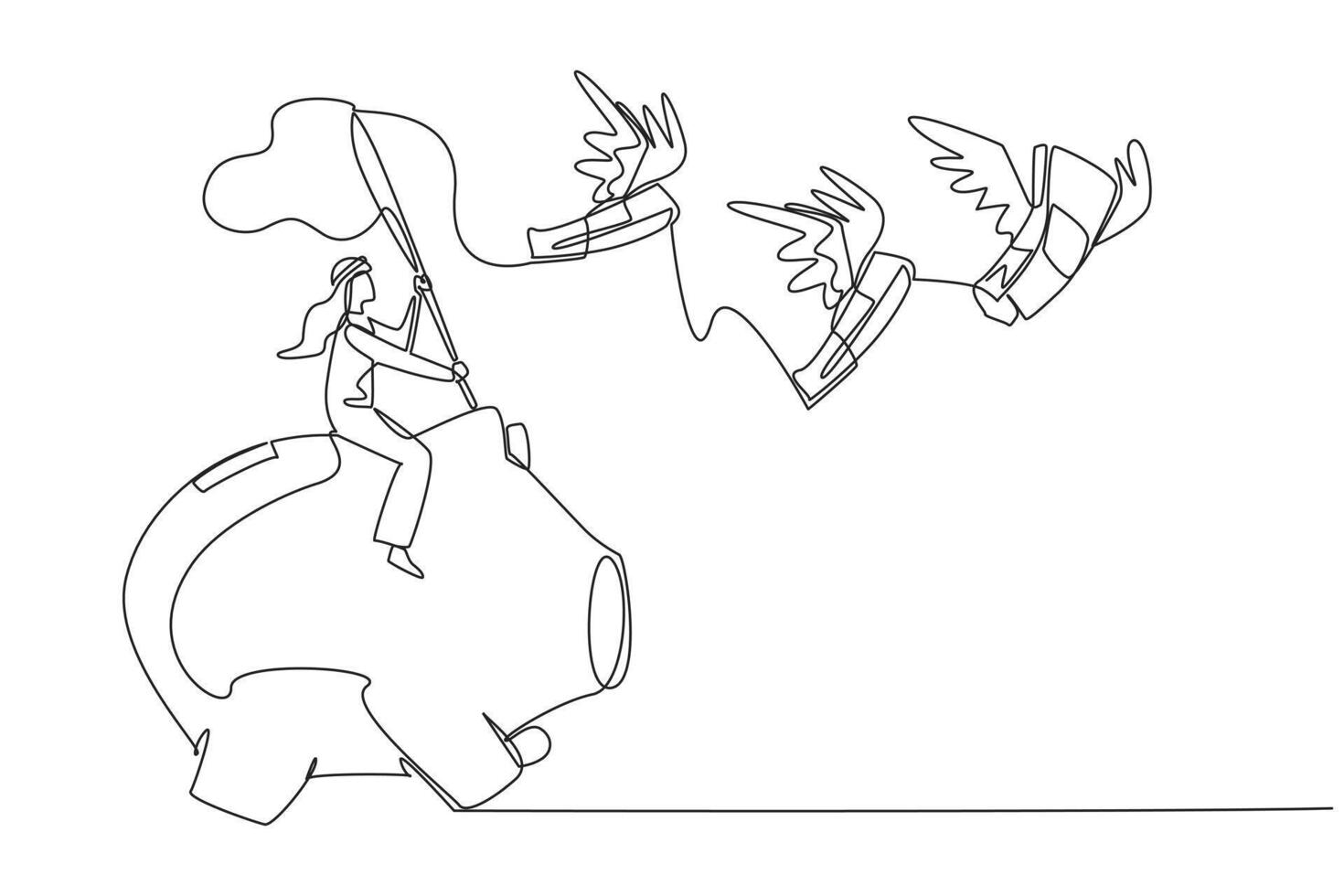 Single one line drawing Arabian businessman riding piggy bank catching flying banknotes. Financial crisis. Work smart to avoid debt. Business must continue. Continuous line design graphic illustration vector