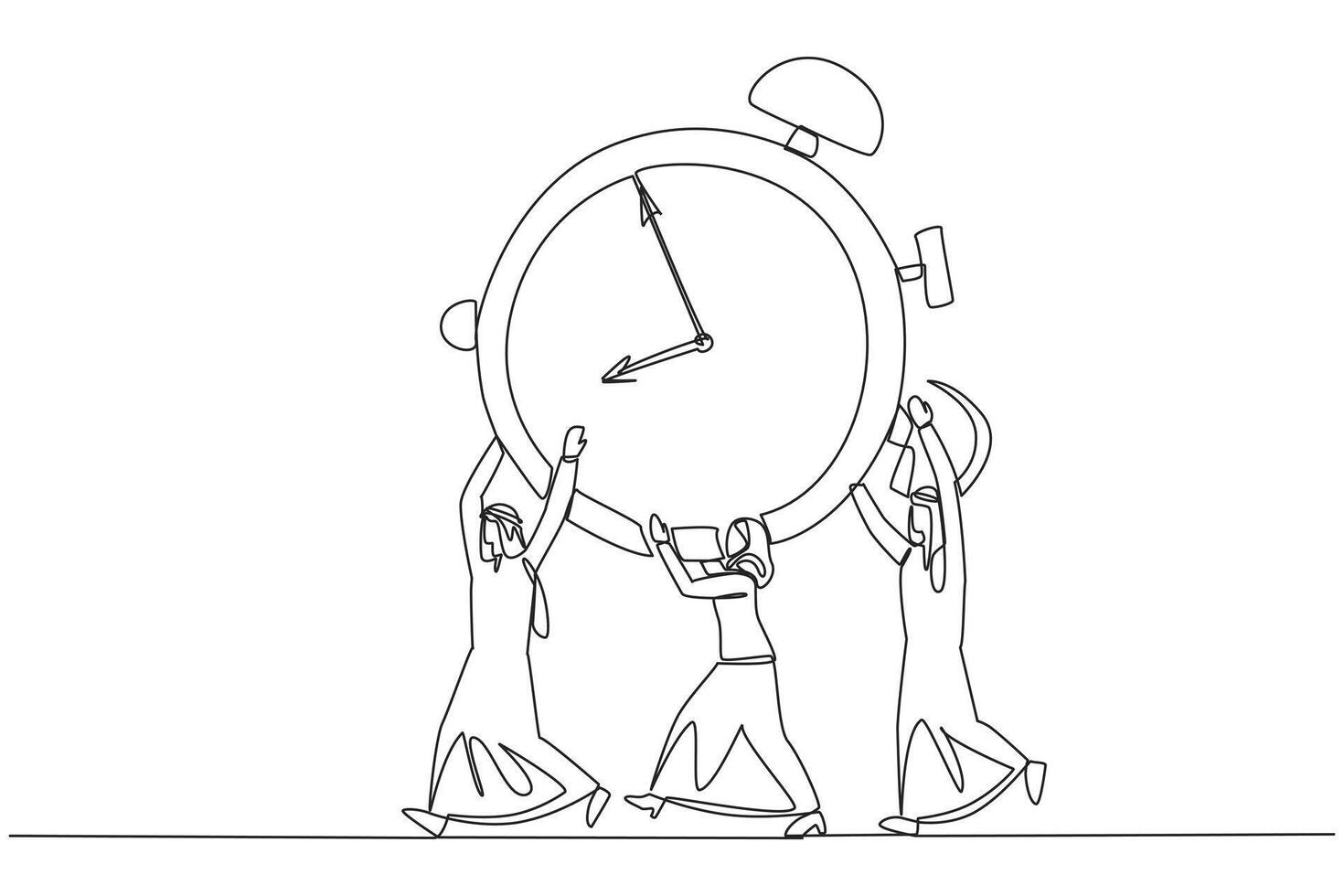 Single continuous line drawing a group of Arab businessmen and Arab businesswomen work together carrying alarm clock. Great collaboration. Work completed on time. One line design illustration vector