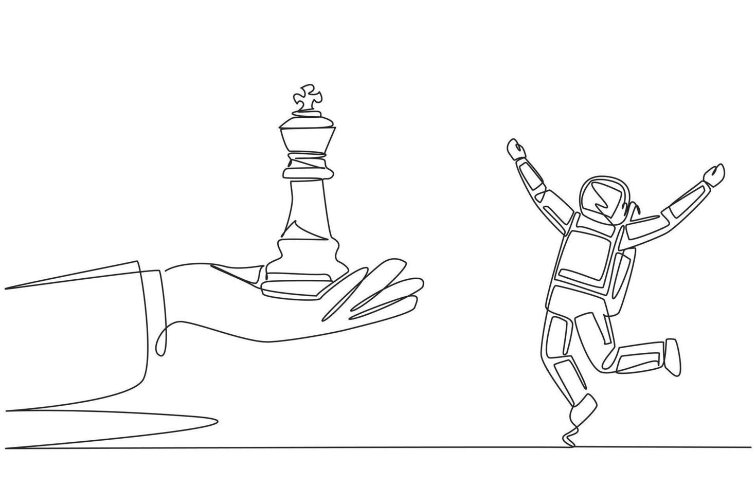 Continuous one line drawing astronaut excited to get king's chess piece from giant hand. Get support from important people. Awesome space mission. Spaceman. Single line draw design illustration vector