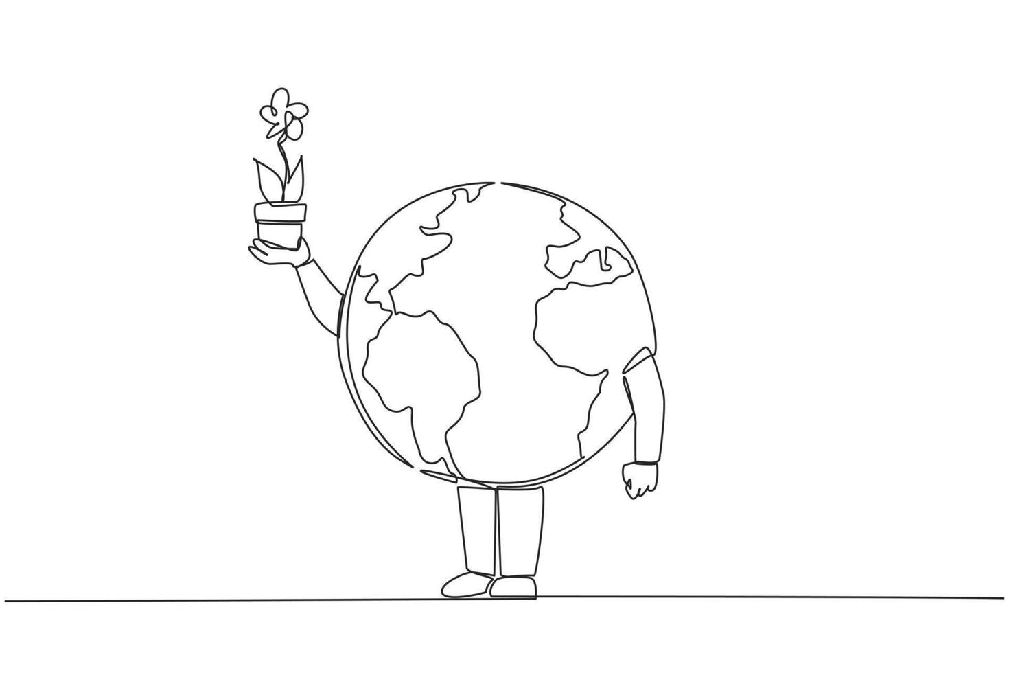 Continuous one line drawing the globe holds and lifts flowers planted in pots. Passionate about planting. Cleans inhaled air. Reduces damage to ozone layer. Single line draw design illustration vector