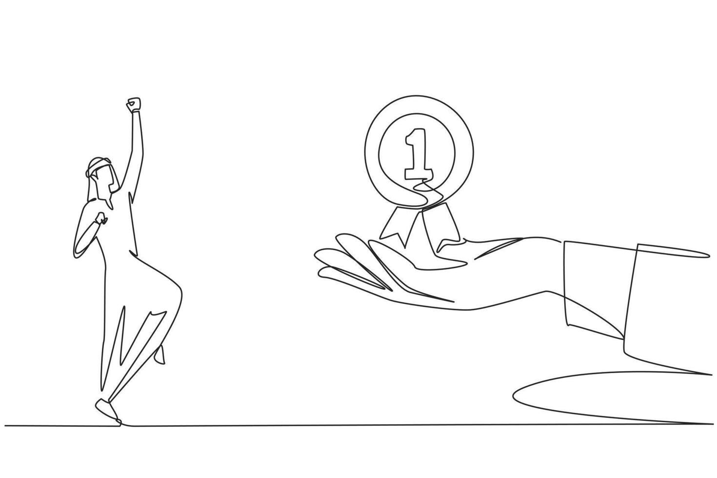 Continuous one line drawing Arabian businessman was happy to get reward medal from giant hand. The most important gift in a career. Recognition of success. Single line draw design illustration vector