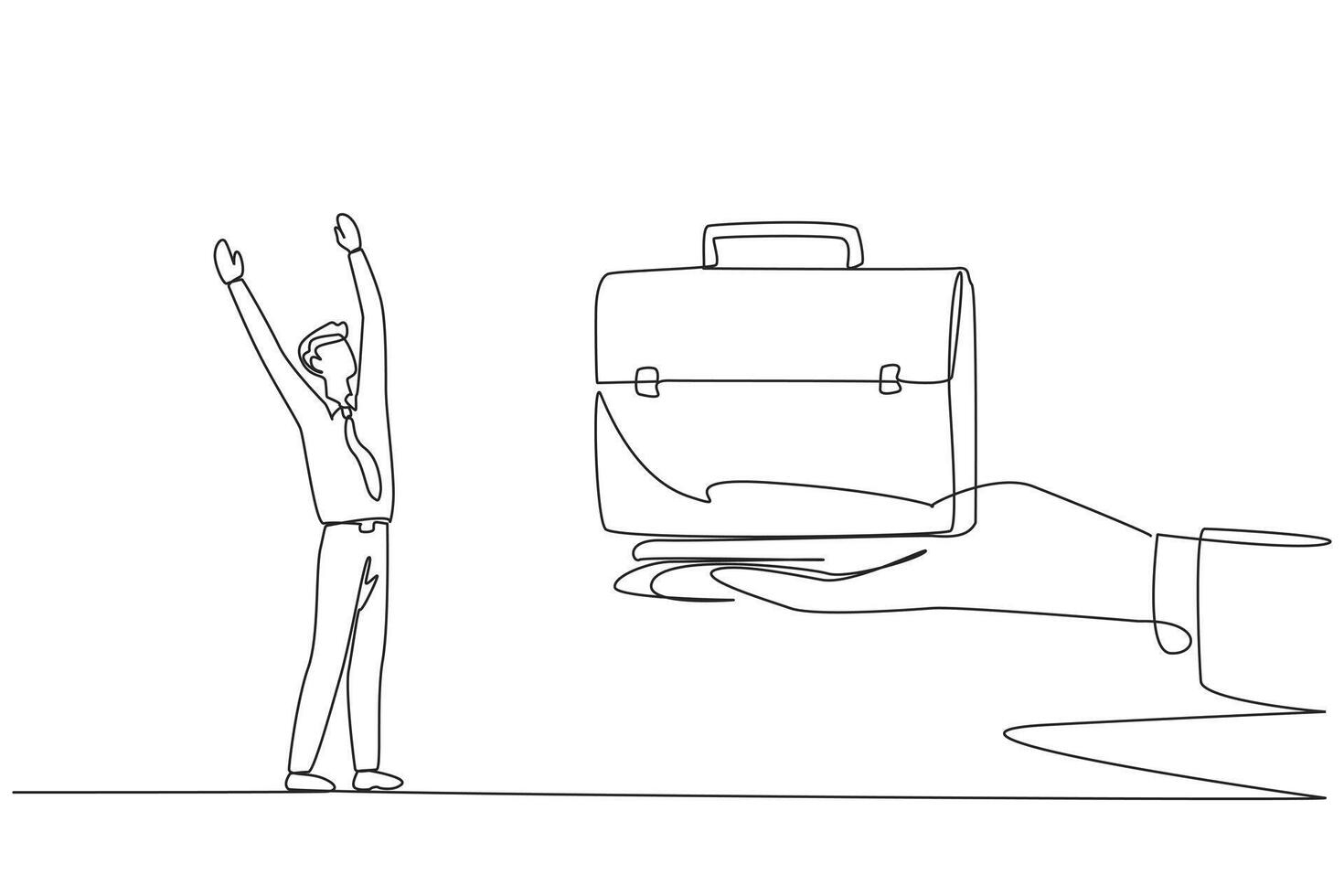 Single continuous line drawing businessman was excited to get the briefcase from the giant hand. Important prize. Simplify business trips. Increase company revenue. One line design illustration vector
