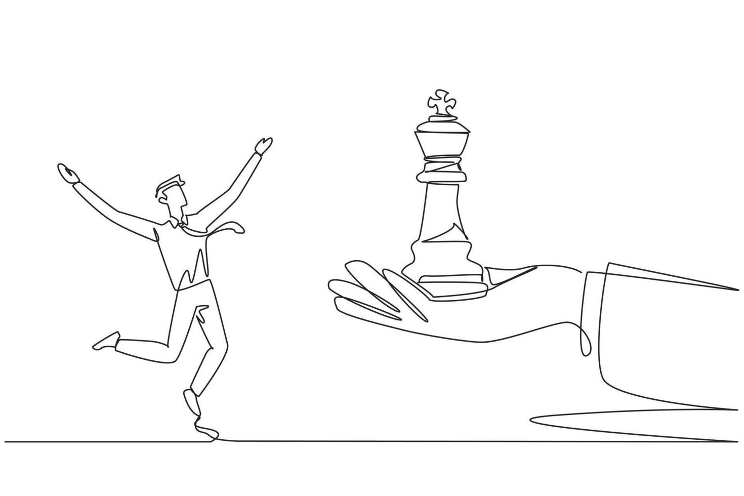 Single continuous line drawing businessman was excited to get king's chess piece from giant hand. Getting support from people is important to continue the business. One line design illustration vector