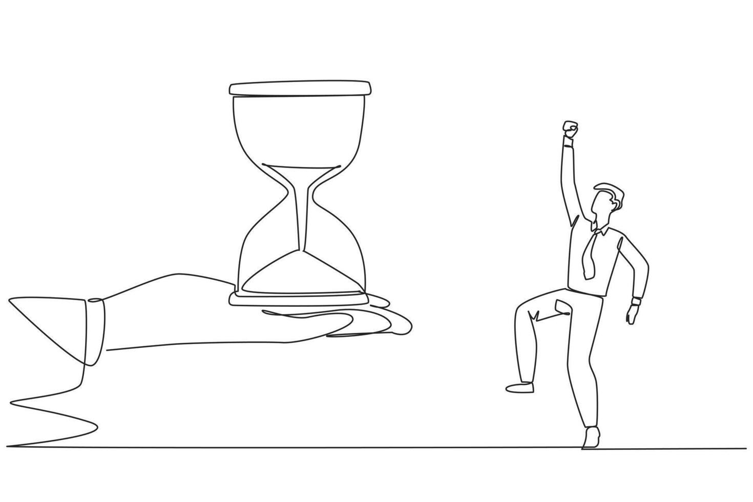 Continuous one line drawing the businessman was excited to get the hourglass from the giant hand. Concern about deadlines. Teamwork makes everything easier. Single line draw design illustration vector