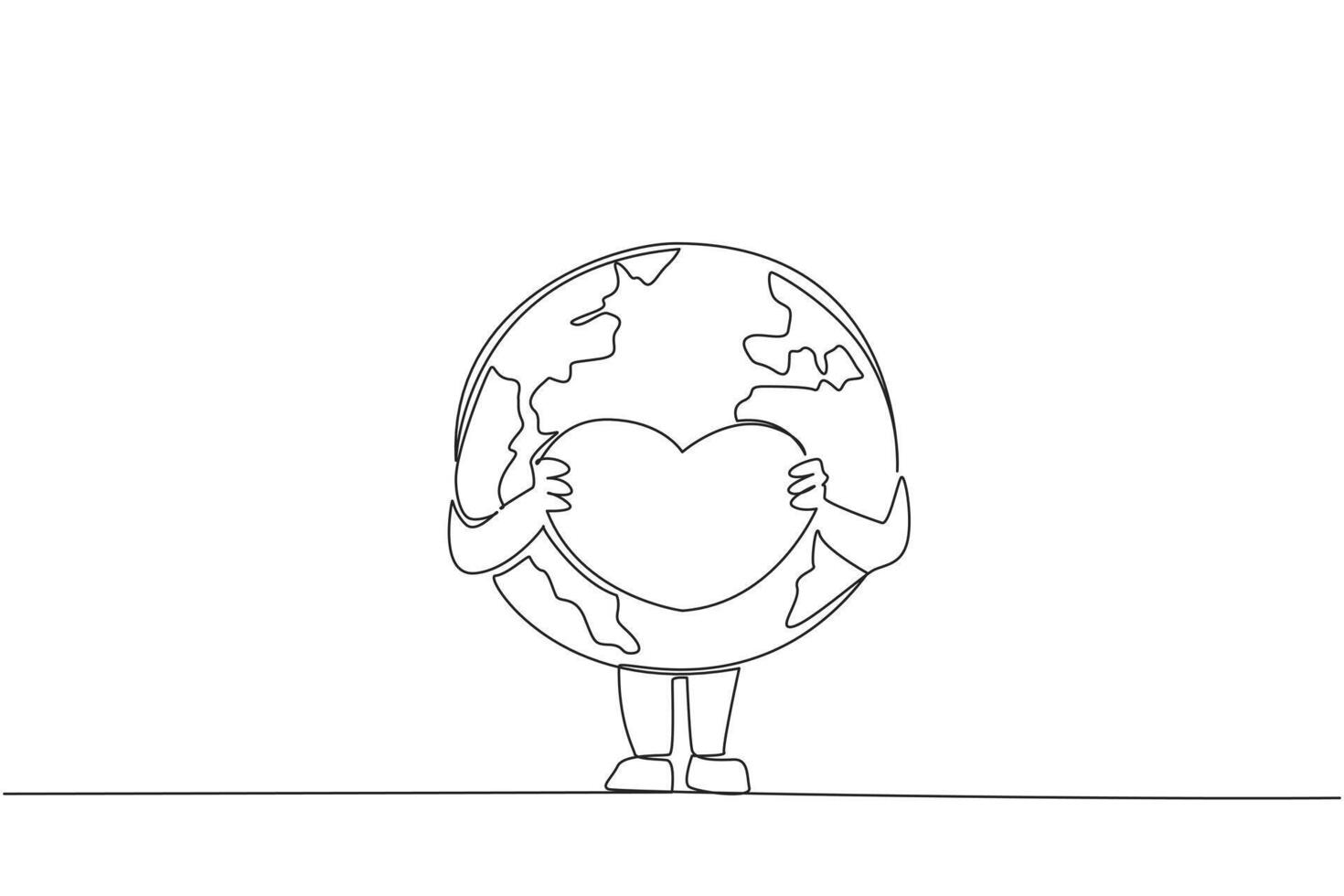 soltero continuo línea dibujo globo sostiene el corazón logo con ambos manos. amoroso el tierra es me gusta amoroso tú mismo. siempre tomar cuidado de el tierra. ahorro planeta. uno línea diseño ilustración vector