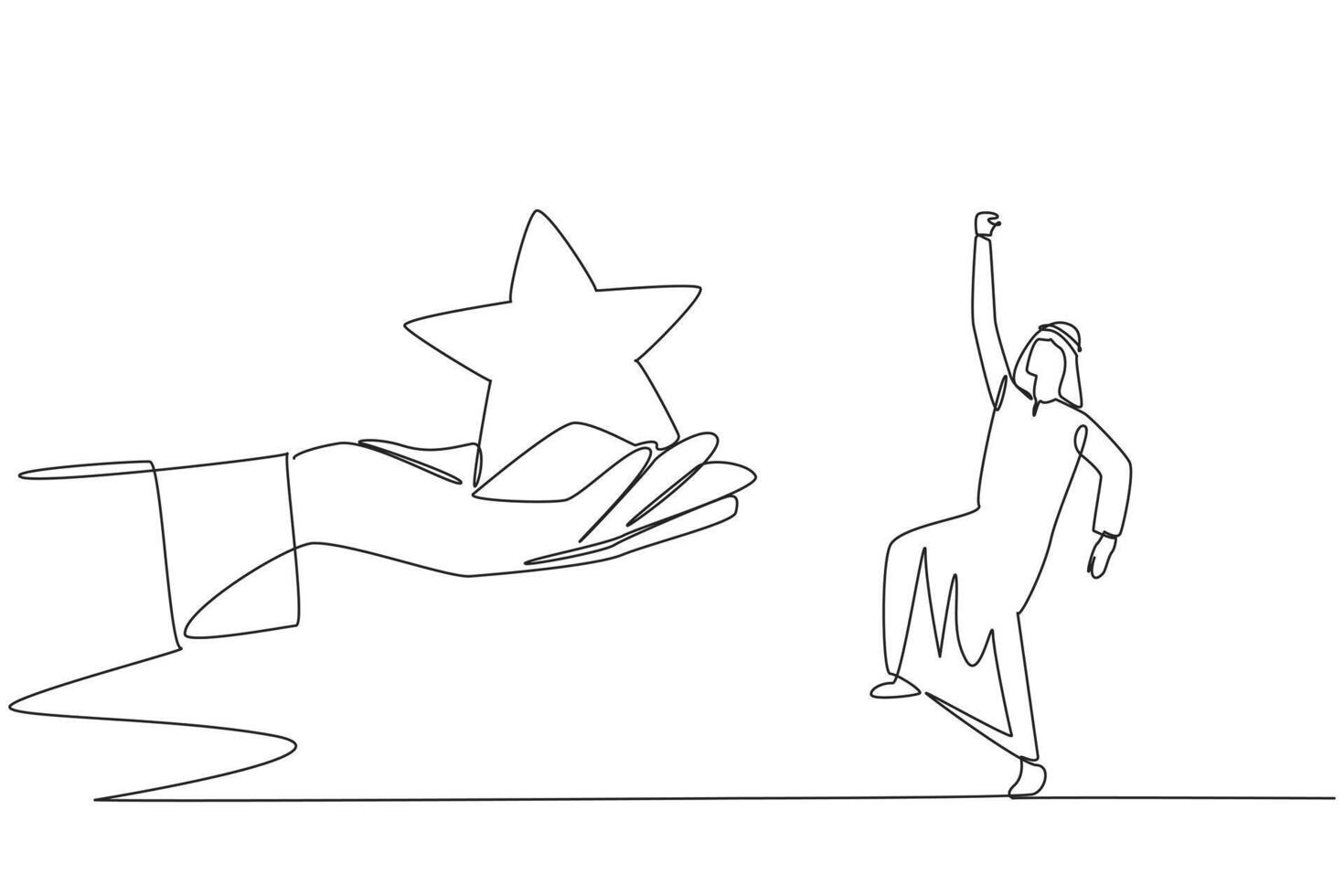 Single continuous line drawing Arabian businessman was happy to get a star from the giant hand. Board of directors trust. Become an exemplary employee this year. One line design illustration vector
