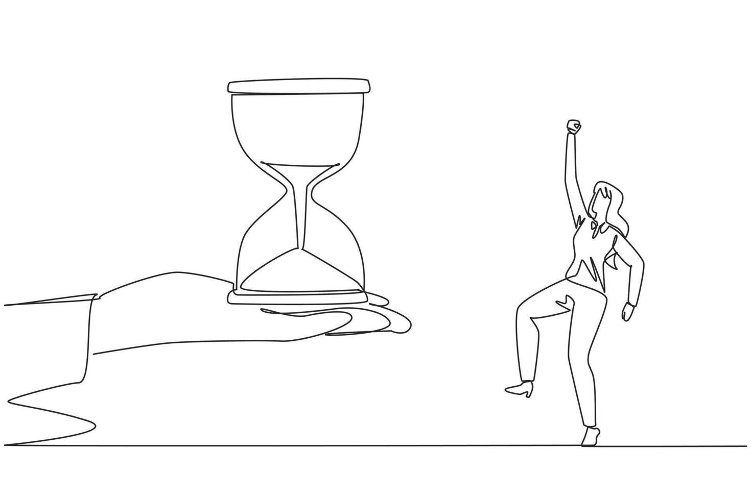 Continuous one line drawing businesswoman was excited to get hourglass from giant hand. The countdown has begun. Get additional energy to run the business. Single line draw design illustration vector