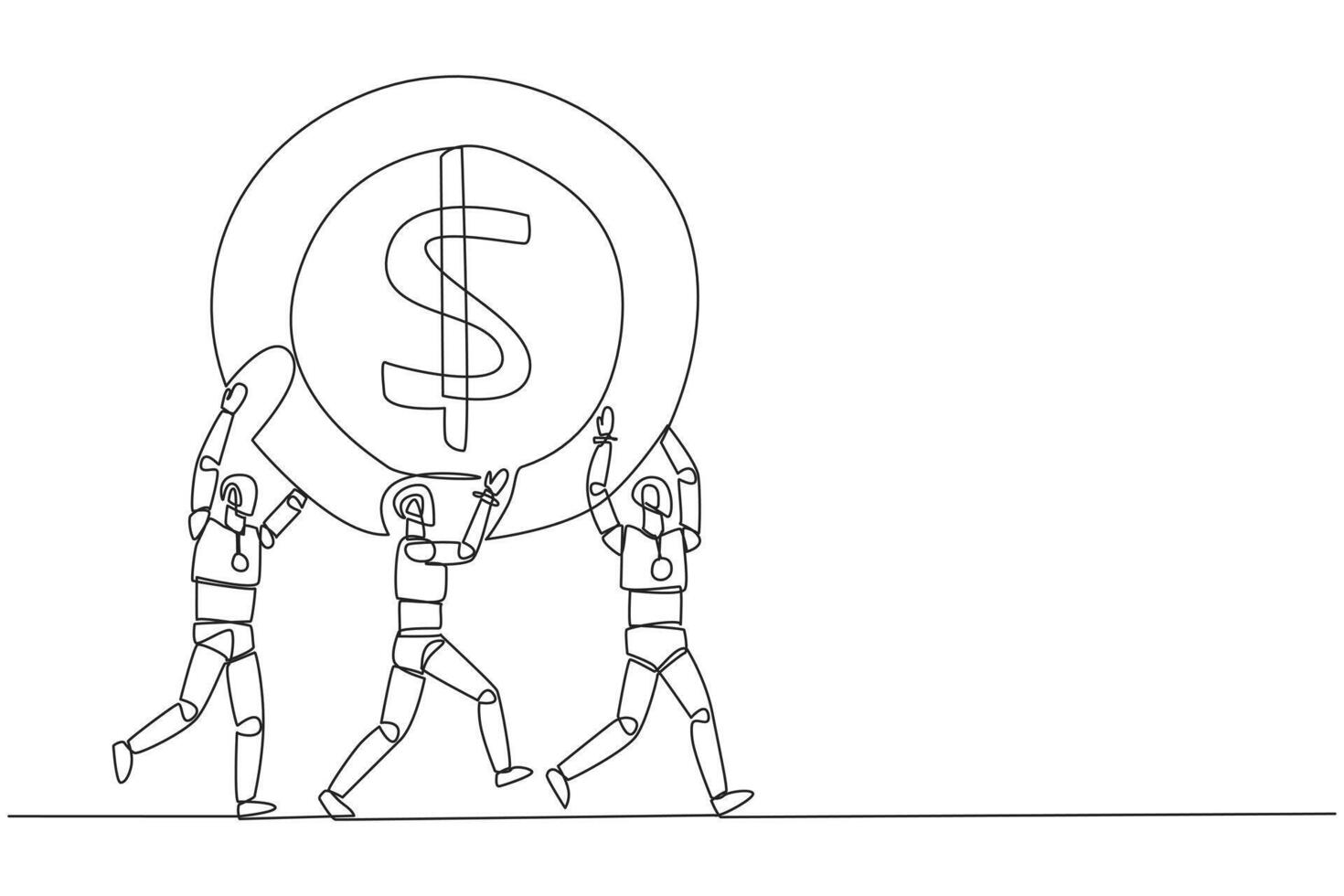 Single one line drawing group of robots work together carrying a dollar symbol coin. Add little capital to makes perfect. Amazing artificial intelligence. Continuous line design graphic illustration vector