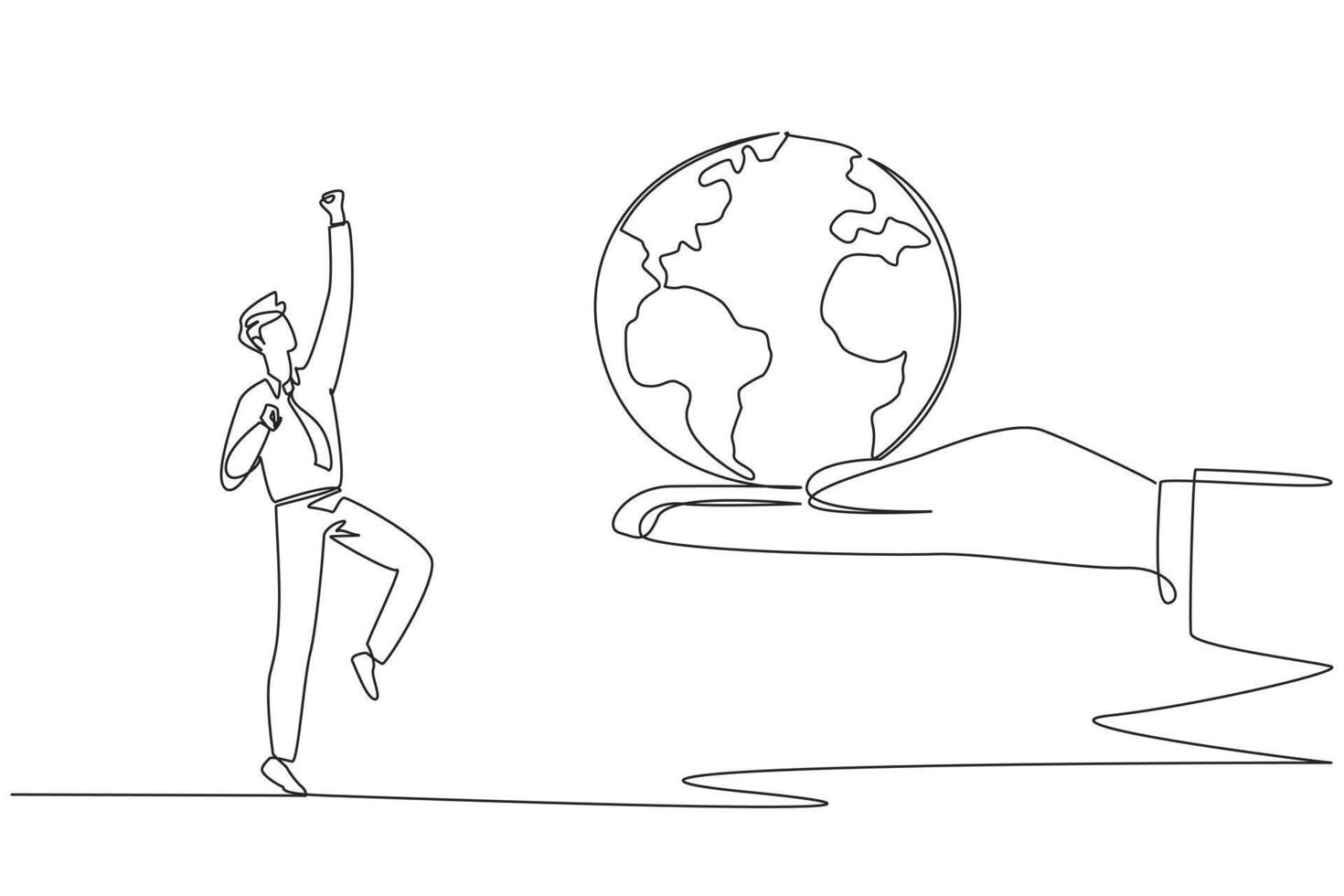 Single continuous line drawing the businessman is excited to get the globe from the giant hand. Get a promotion of positions in the newly opened business branch. One line design illustration vector