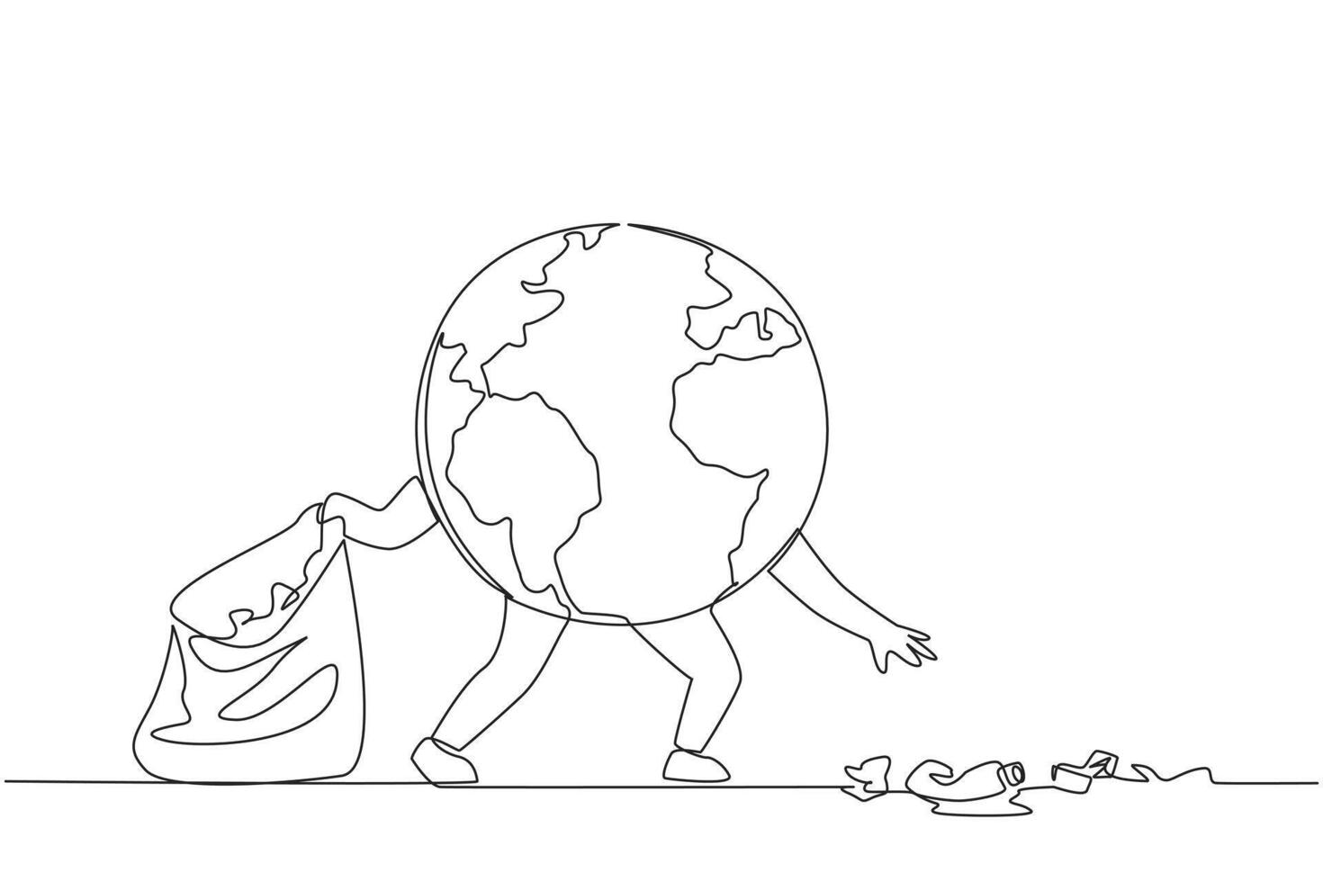 Single one line drawing globe picks up scattered rubbish. The best and simple example of protecting the earth. Throw garbage in its place. Saving planet. Continuous line design graphic illustration vector