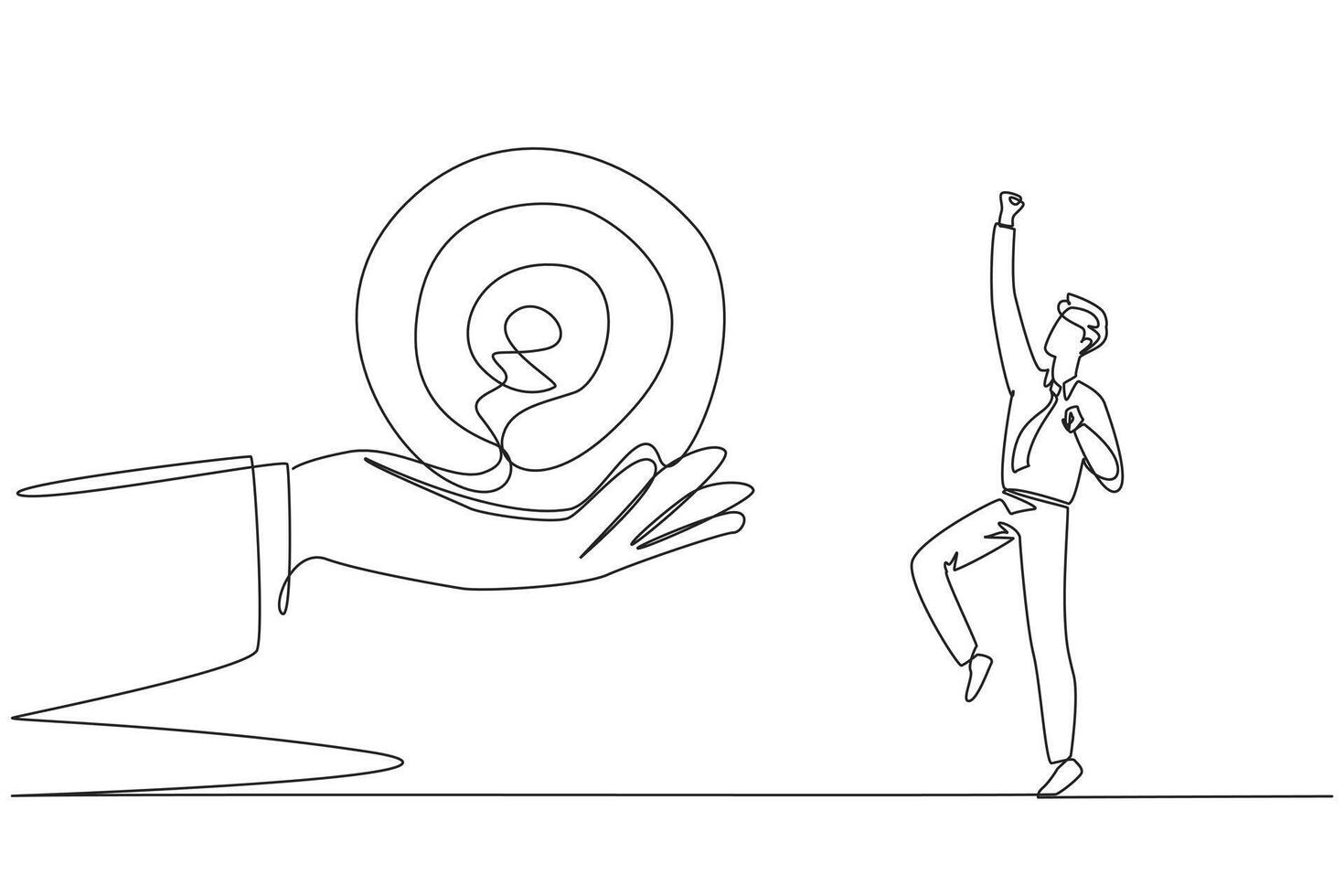 Single continuous line drawing the businessman was excited to get the arrow target board from a giant hand. Get an exciting challenge. Focus on completing on time. One line design illustration vector