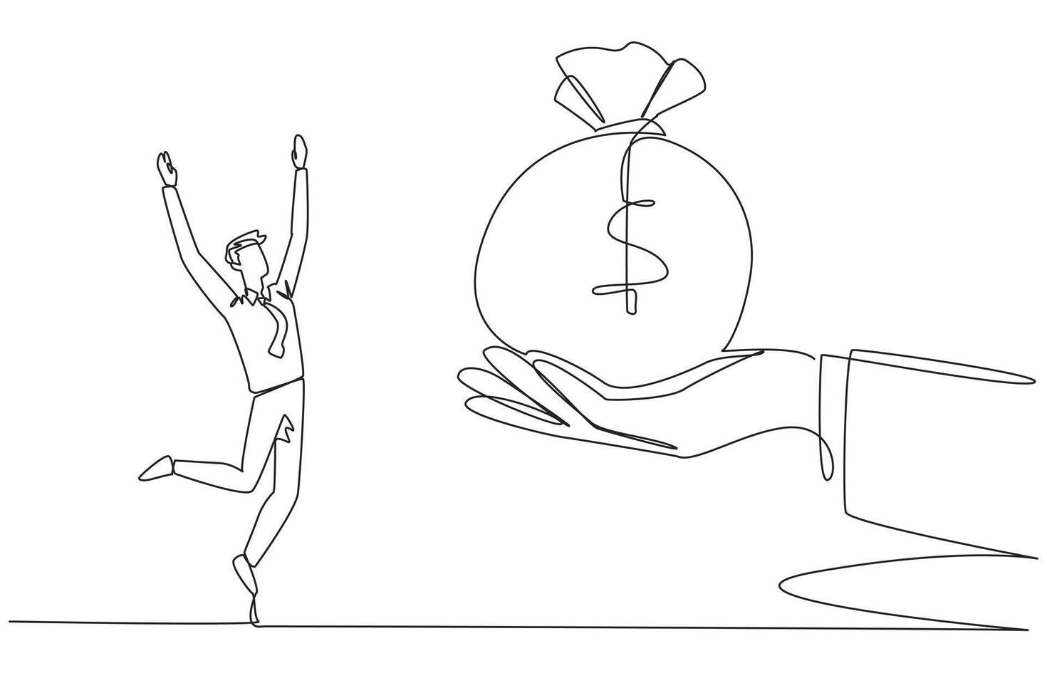 Continuous one line drawing businessman was excited to get money bag from giant hand. Important prize. Smart work that brings benefits. Get company income. Single line draw design illustration vector