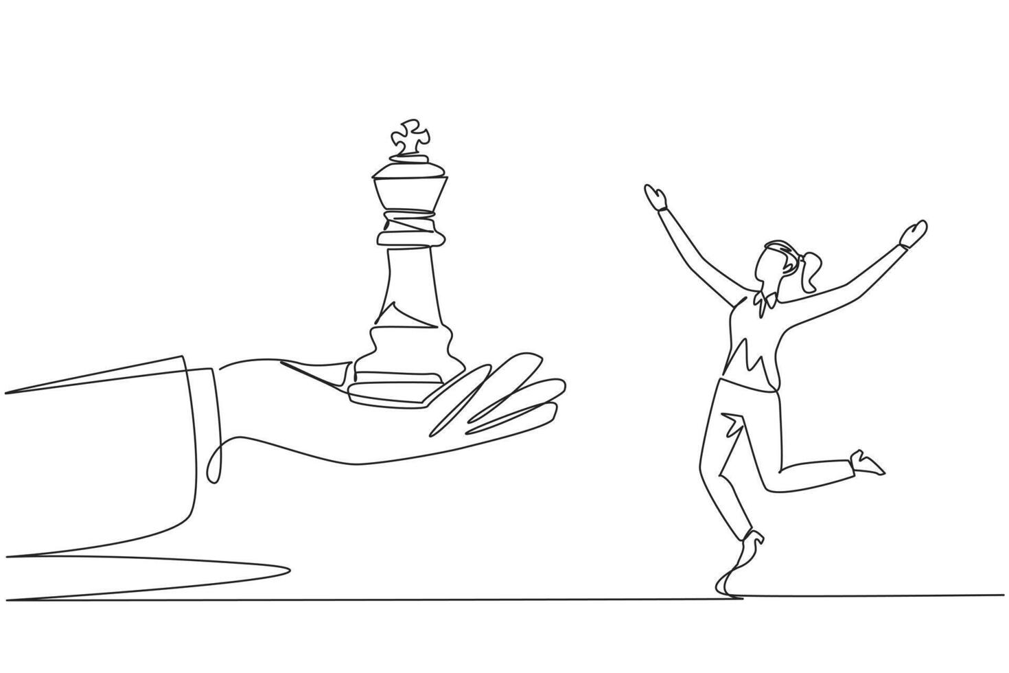 Continuous one line drawing businesswoman was excited to get king's chess piece from giant hand. Get full support. Profits must be many times over. Success. Single line draw design illustration vector