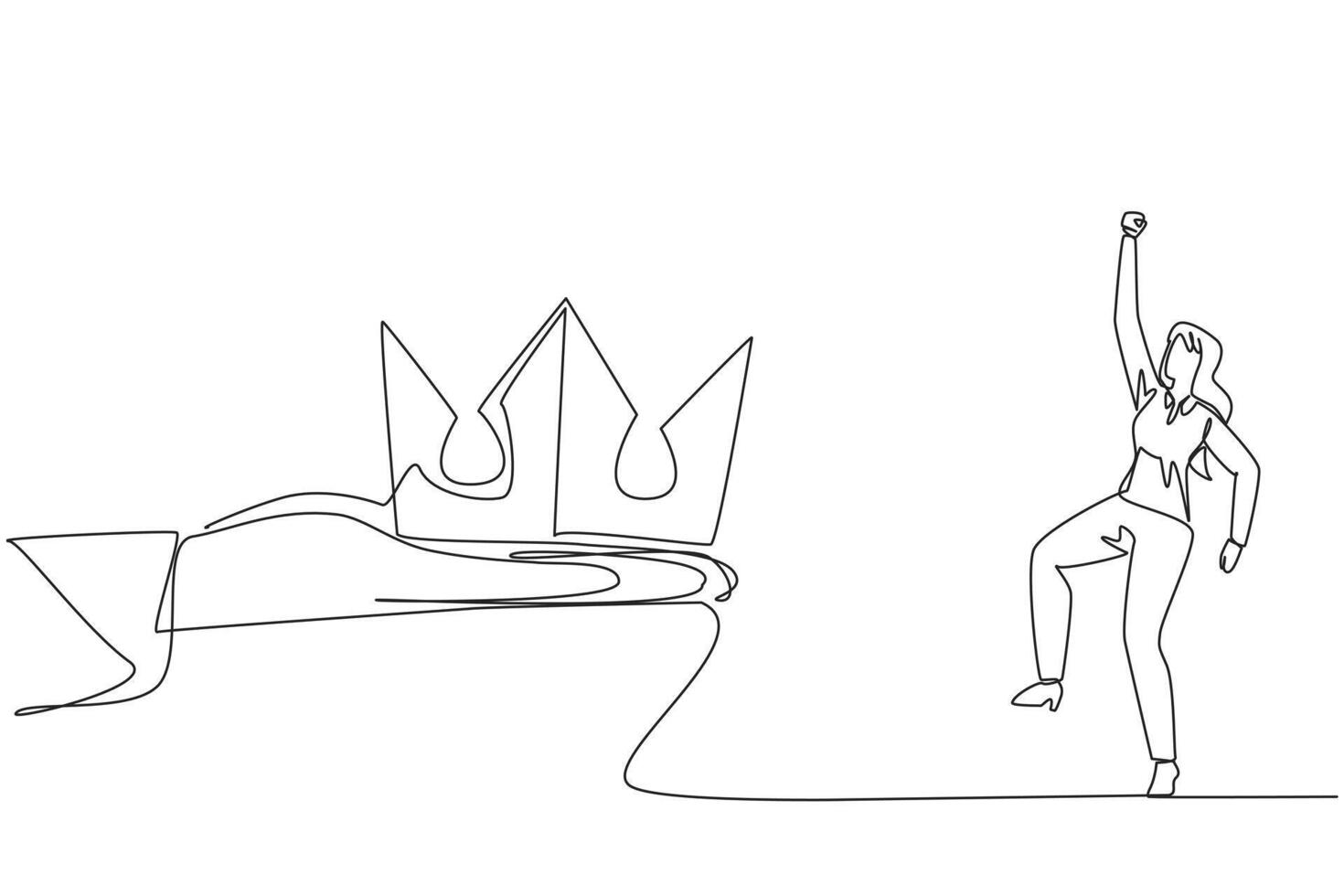 Single one line drawing the businesswoman is happy to get the crown from the giant hand. The best legacy. Continuing the family's most successful business. Continuous line design graphic illustration vector