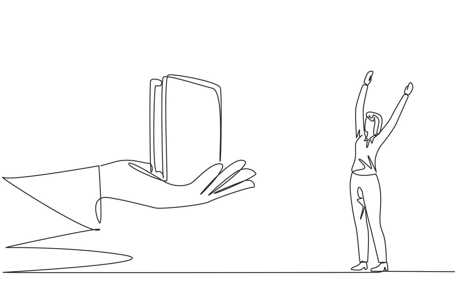 Single one line drawing the businesswoman was excited to get a wallet from the giant hand. There is a bonus in every trust given. Always work with pleasure. Continuous line design graphic illustration vector