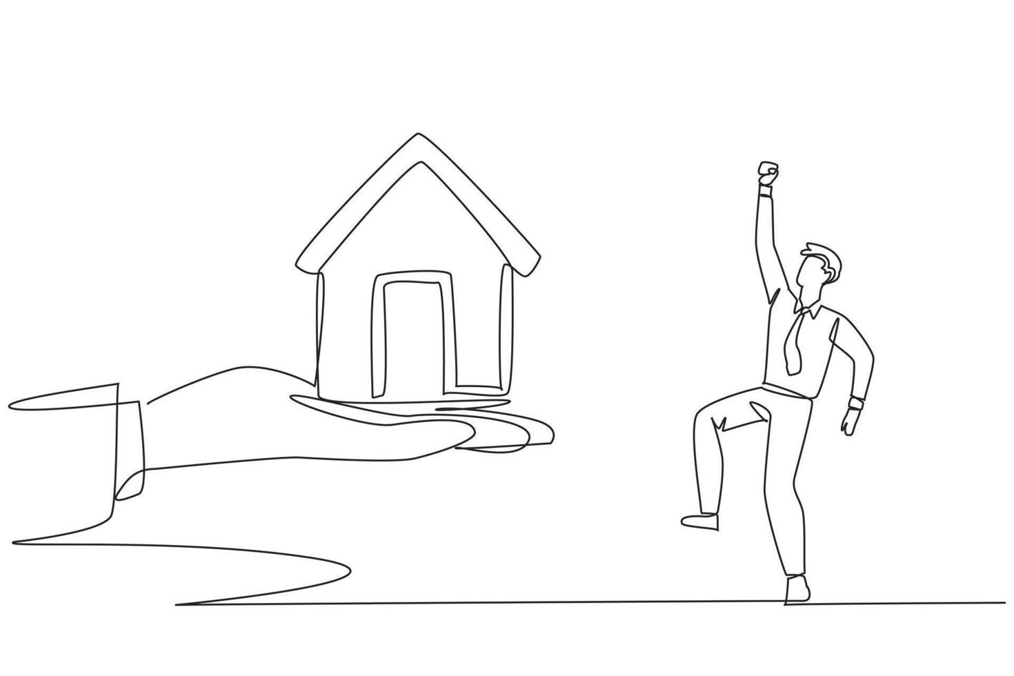 Single continuous line drawing businessman was excited to get a miniature house from the giant hand. Important prize. Proud achievement. Home bonus is a dream. One line design illustration vector