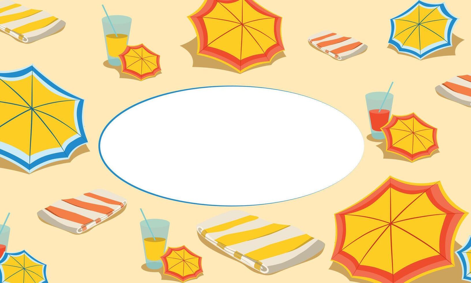 Summer beach postcard. Beach umbrella and towel with drink in glass on sand. Flat design style. Summer background. Place for text. illustration vector