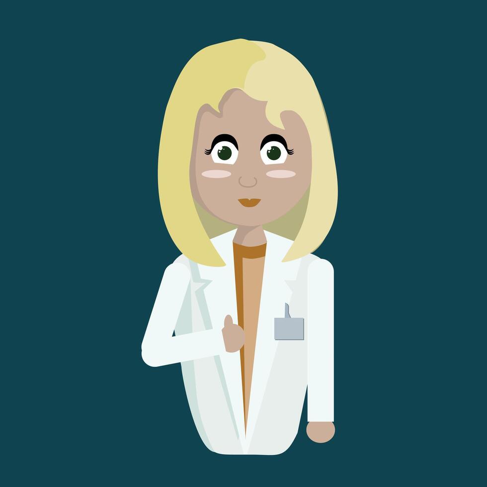 The doctor is a woman with blonde straw-coloured hair and large eyes, with a nametag on her white coat and wearing a pink blouse. The figure is waist-length. vector