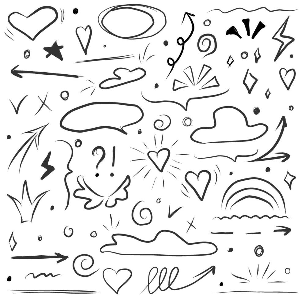 Strokes and highlighting, speech bubbles and underlines, glitter elements and hearts, clouds and arrows, ticks and crosses. Illustration vector