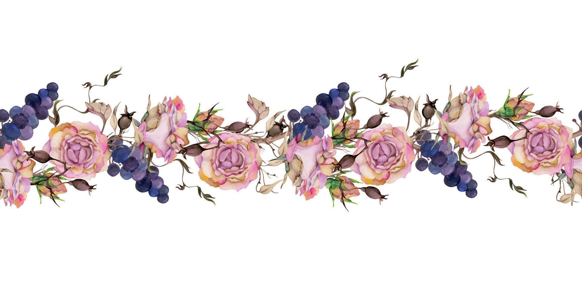 Hand drawn watercolor illustration shabby boho botanical flowers leaves. Dusty rose hip autumn branches indigo berries pastel. Seamless banner isolated white background. Design wedding, floral shop vector