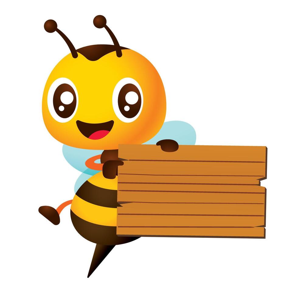 Cartoon cute honey bee hand pointing to empty wooden signboard. vector