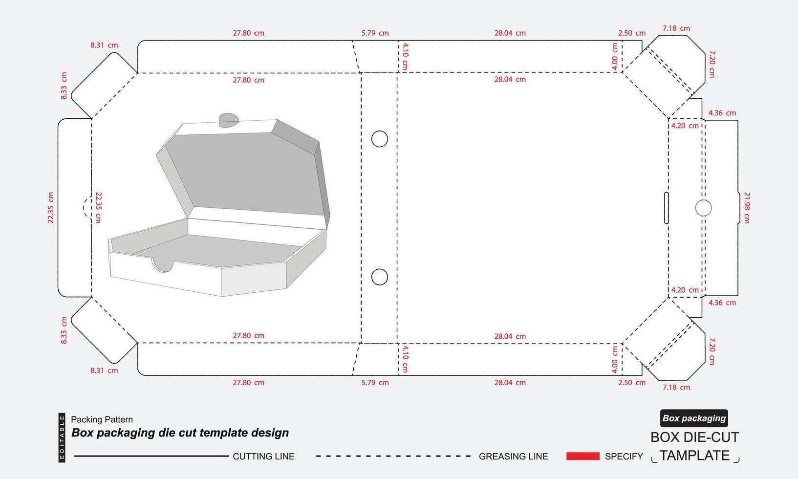 caja de pizza plantilla troquelada de embalaje hexagonal medio vector