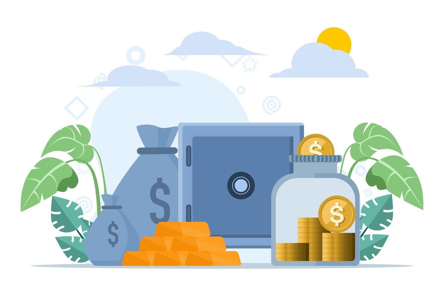 Concept of Invest In Gold, Safe with dollar bills, gold bars with pile of coins, people invest their money in gold, Investment. flat illustration on white background. vector