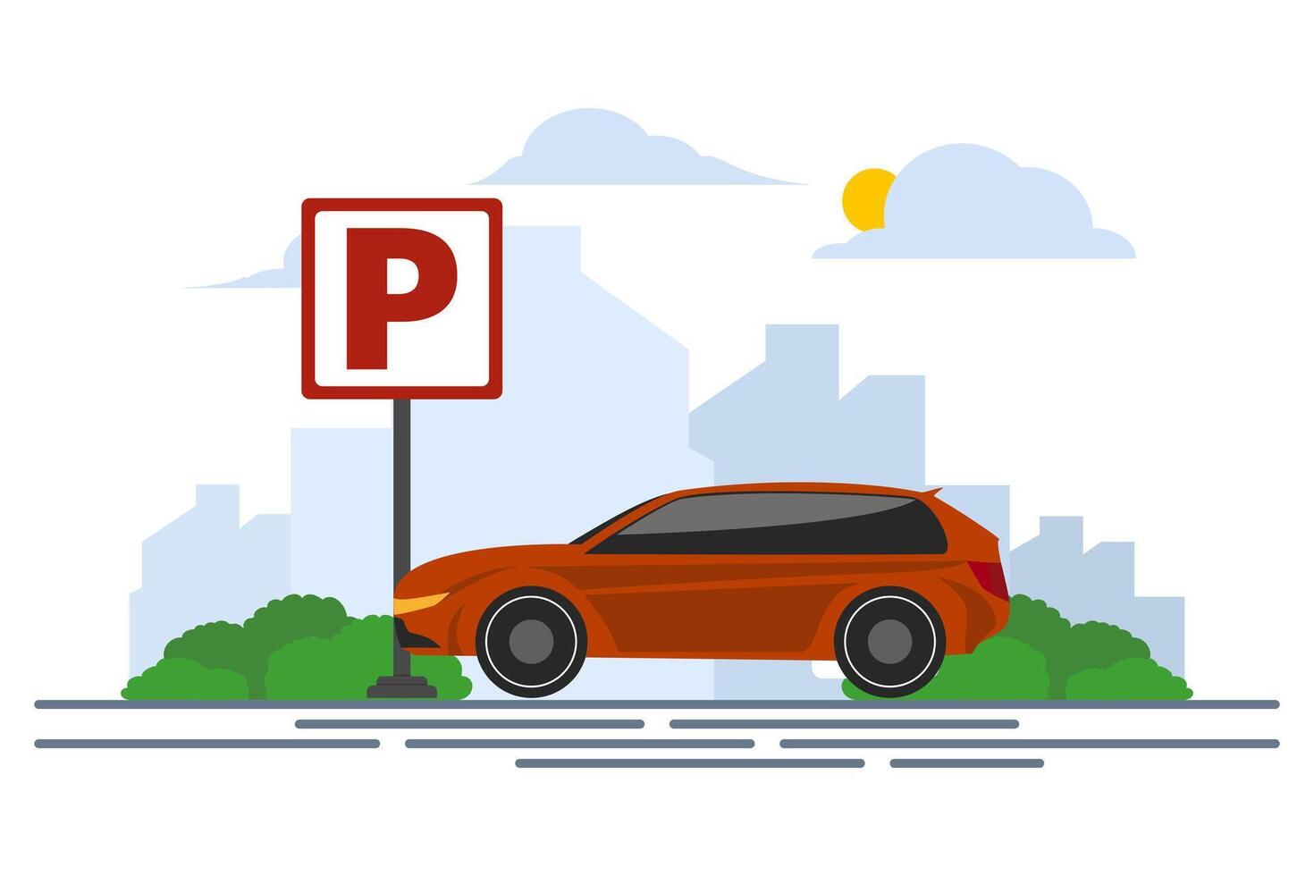 Big road sign parking concept. looking for a parking space, parking the car. Public car parking in big city. Urban transportation. Modern flat cartoon style. illustration on white background. vector