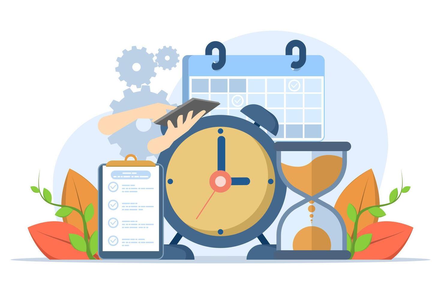 concept of time schedule, time management, deadline, planner, start-up, organization, time organization efficiency. Project team work schedule. Good business processes. time control plan. vector