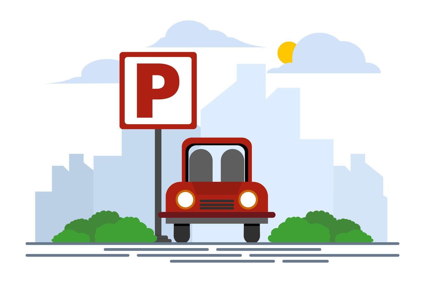 Big road sign parking concept. looking for a parking space, parking the car. Public car parking in big city. Urban transportation. Modern flat cartoon style. illustration on white background. vector