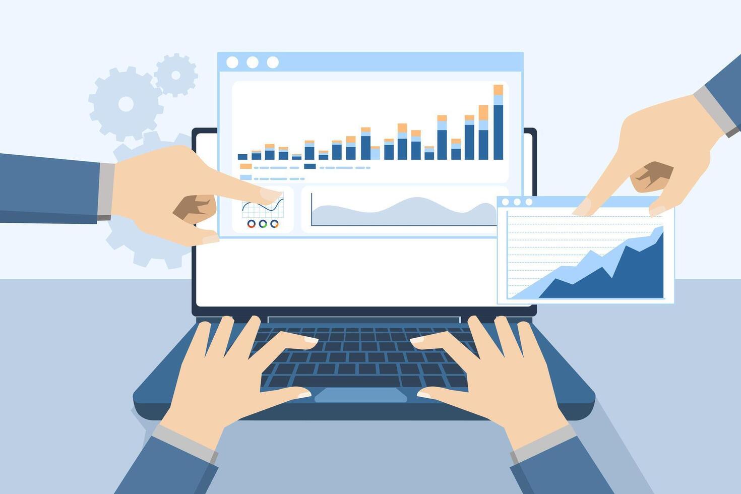 concept of business brainstorming and presentation, teamwork, discussion, finance, business people preparing a presentation or having a discussion. Business presentation during employee meeting. vector