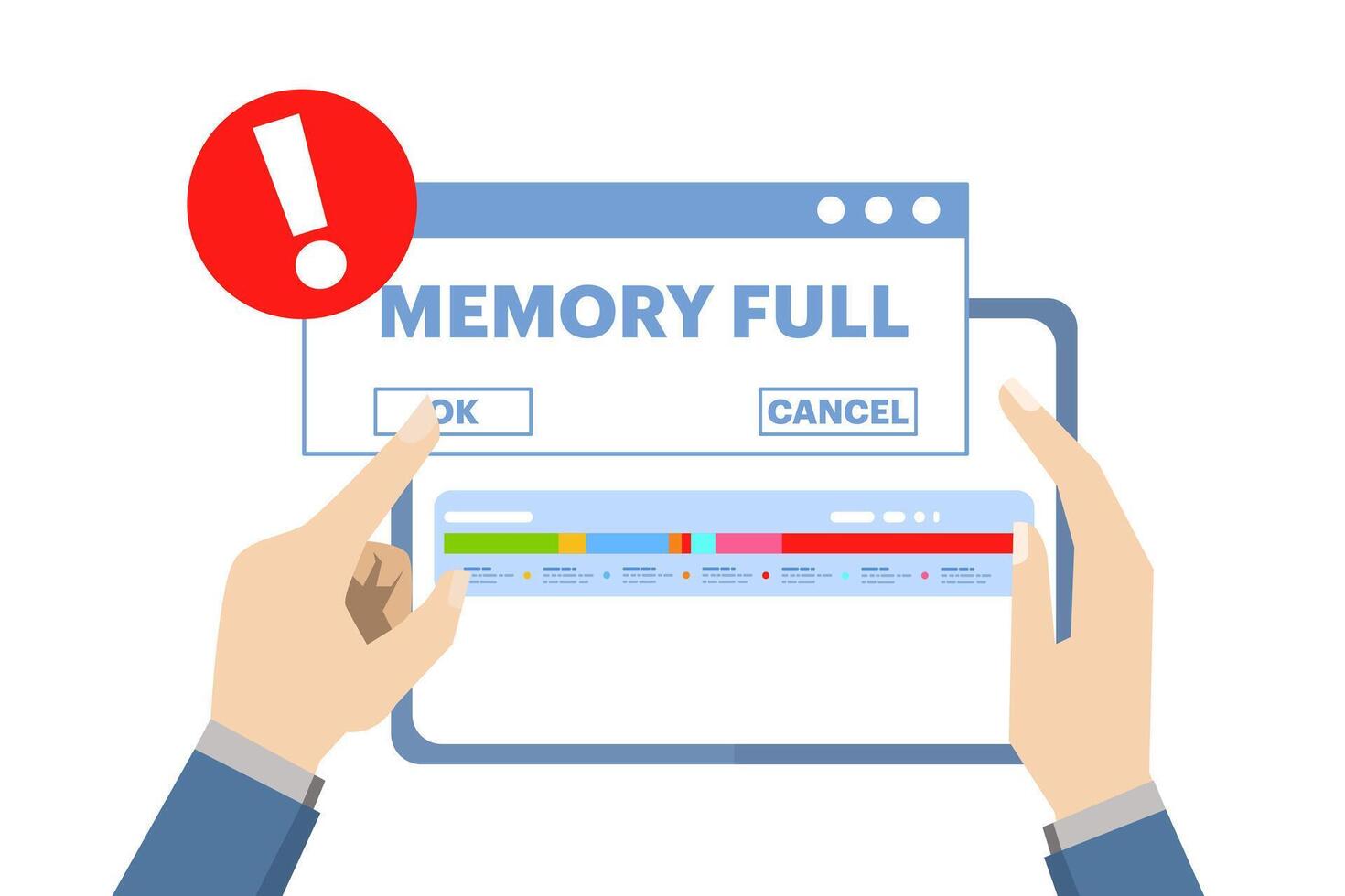 Full Folder Concept. Clean the memory or storage of your phone or computer. Full memory space notification. Modern flat cartoon style. illustration on white background. vector