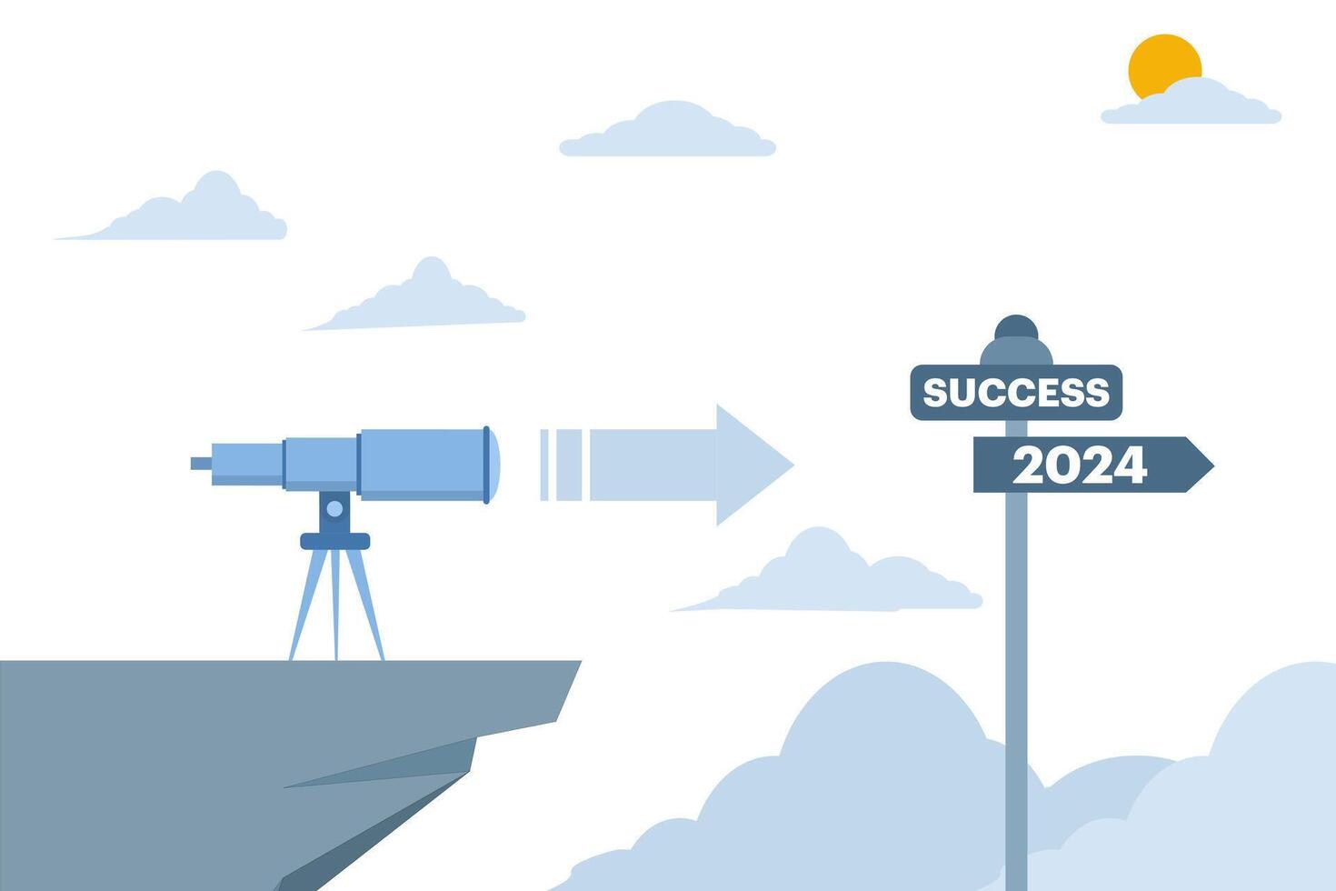 concept of company vision and mission for next year. telescope standing and looking into the distance 2024 on a direction sign, flat template style Suitable for Web Landing Pages. vector