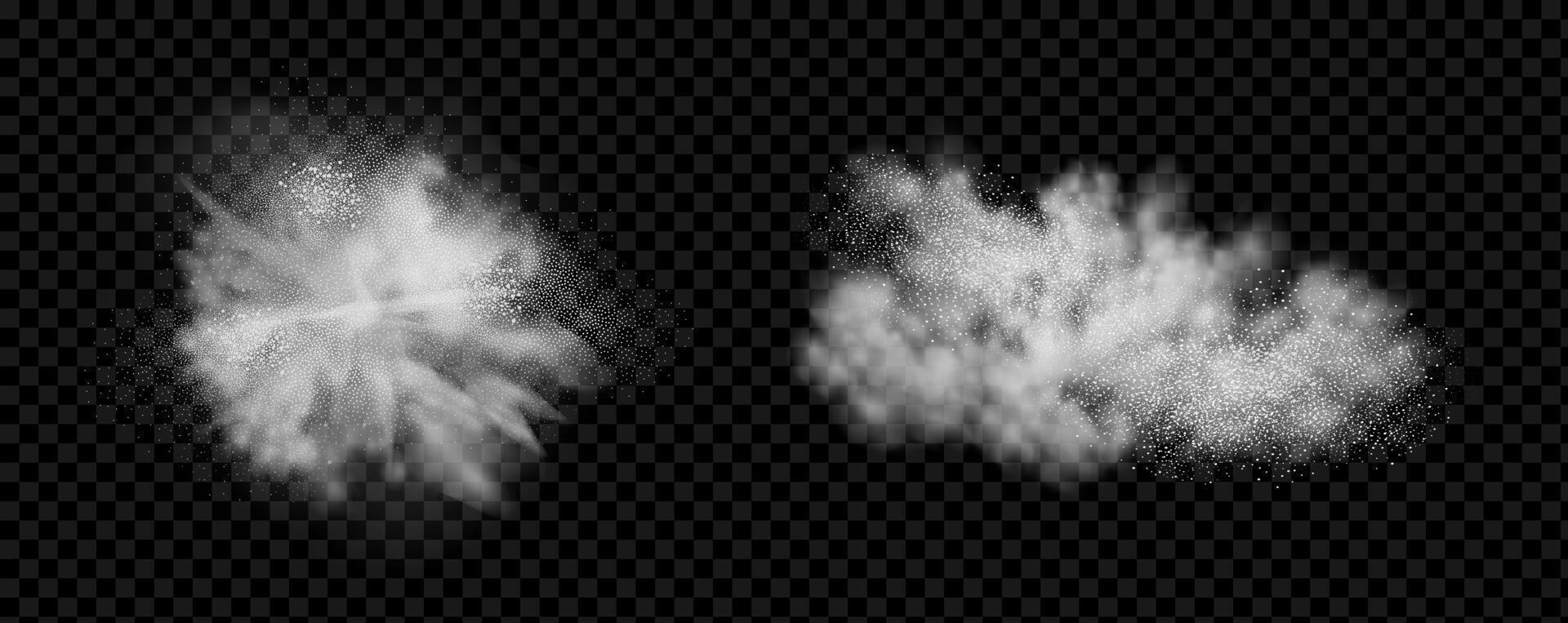 un realista conjunto de blanco nubes de harina, azúcar, Lavado polvo. un explosión de nieve polvo en el aire. un chapoteo de hielo cristales en un blanco tormenta de nieve nube. vector