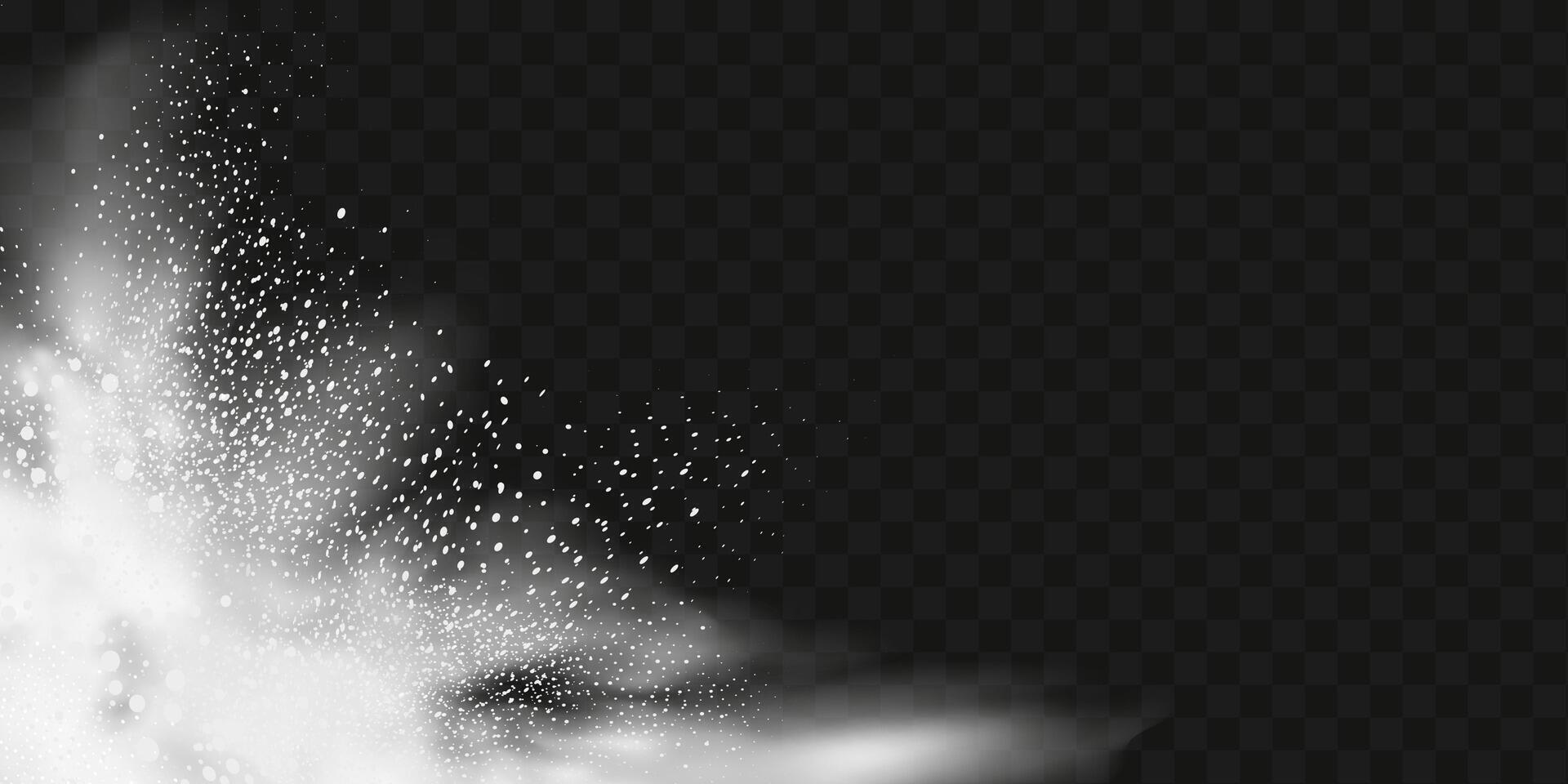 A realistic set of white clouds of flour, sugar, washing powder. An explosion of snow dust in the air. A splash of ice crystals in a white blizzard cloud. vector