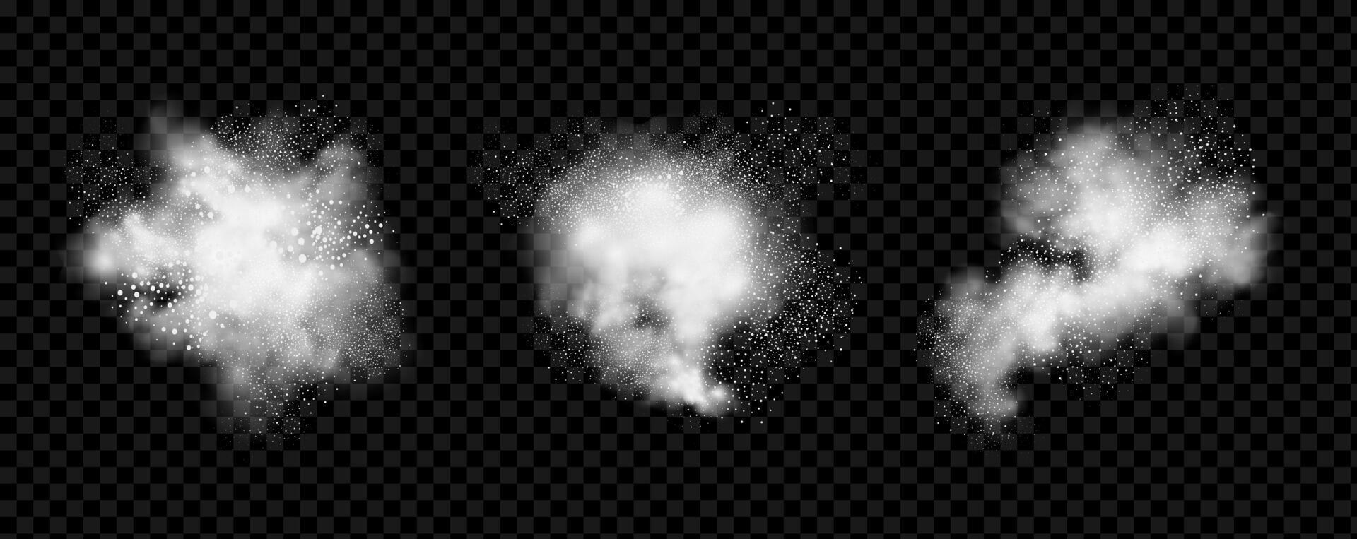 A realistic set of white clouds of flour, sugar, washing powder. An explosion of snow dust in the air. A splash of ice crystals in a white blizzard cloud. vector