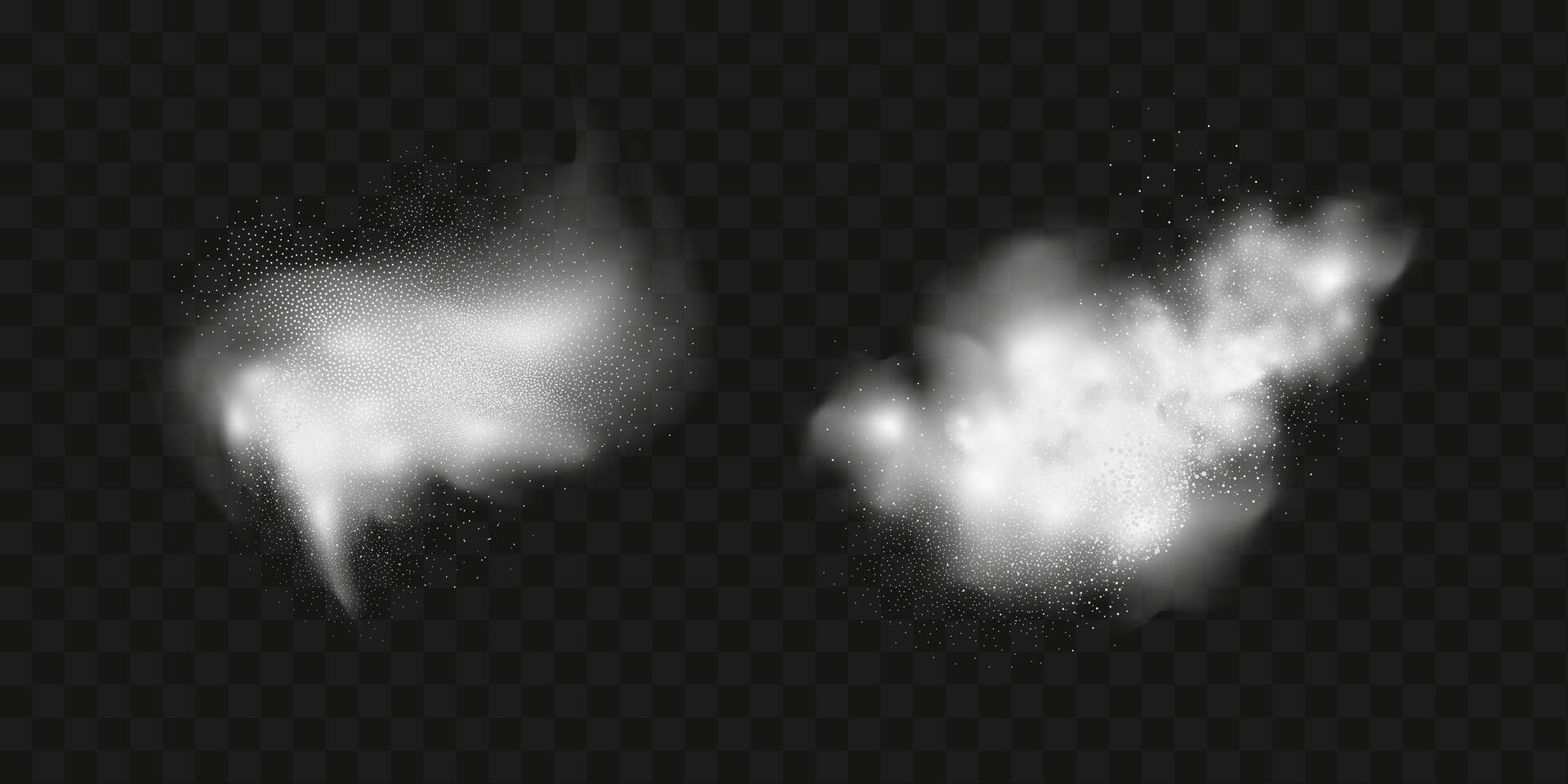 A realistic set of white clouds of flour, sugar, washing powder. An explosion of snow dust in the air. A splash of ice crystals in a white blizzard cloud. vector