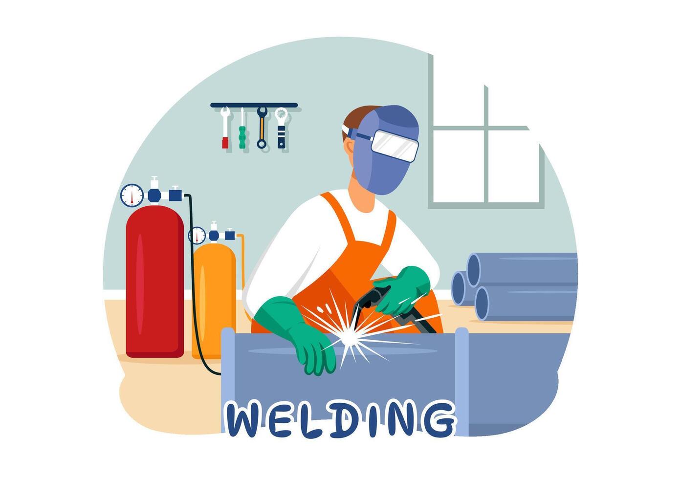 Welding Service Illustration with Professional Welder Job Weld Metal Structures, Pipe and Steel Construction in Flat Cartoon Background vector