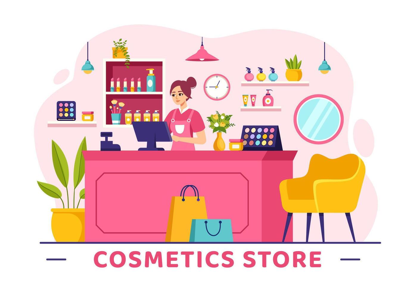 Cosmetics Store Illustration with Girl Skincare, Cosmetic, Perfume, Makeup and Beauty Products Choice in in Flat Cartoon Background vector