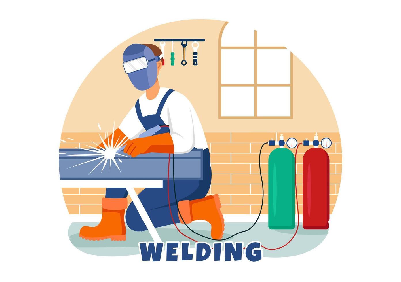 Welding Service Illustration with Professional Welder Job Weld Metal Structures, Pipe and Steel Construction in Flat Cartoon Background vector