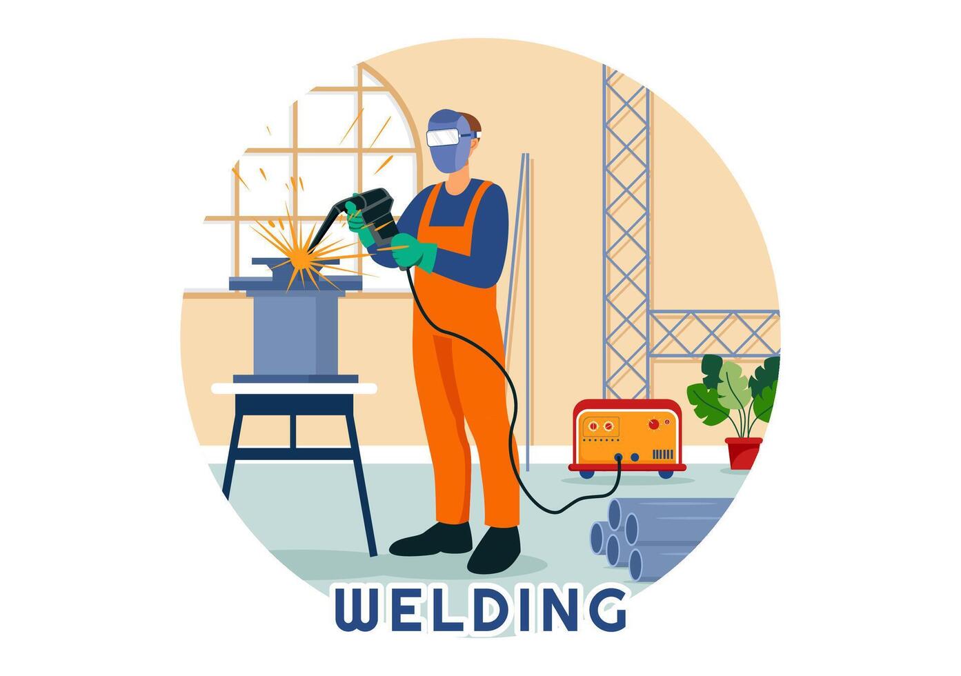 Welding Service Illustration with Professional Welder Job Weld Metal Structures, Pipe and Steel Construction in Flat Cartoon Background vector