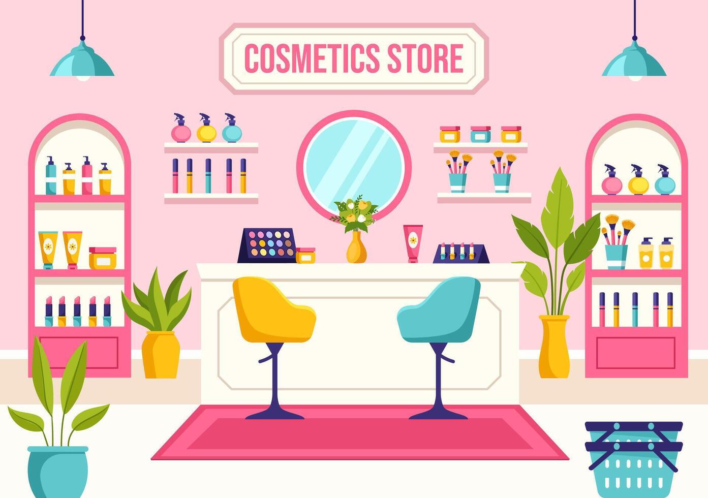 productos cosméticos Tienda ilustración con niña protección de la piel, cosmético, perfume, maquillaje y belleza productos elección en en plano dibujos animados antecedentes vector