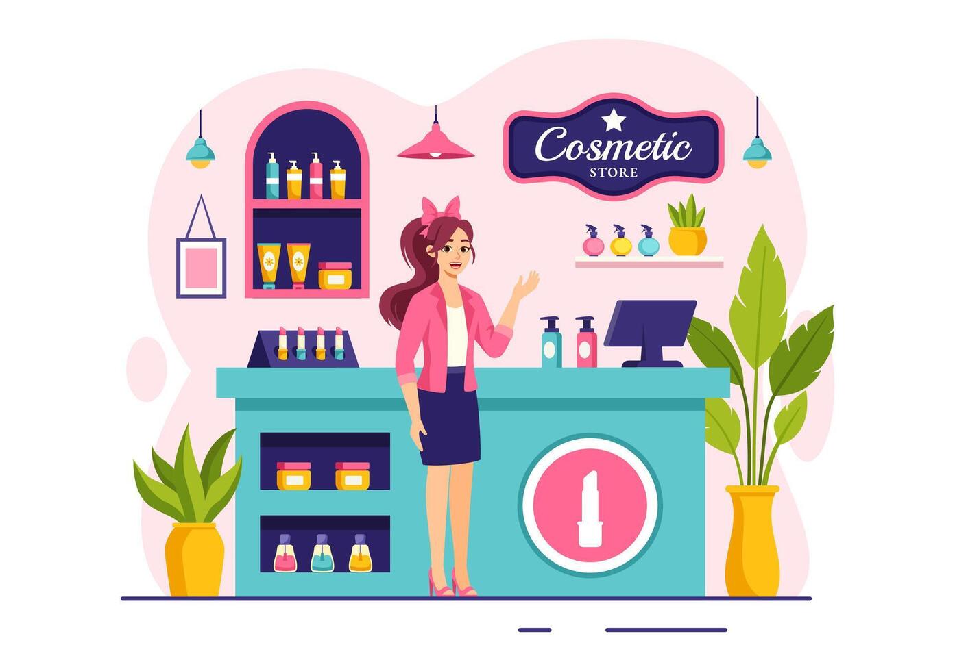 productos cosméticos Tienda ilustración con niña protección de la piel, cosmético, perfume, maquillaje y belleza productos elección en en plano dibujos animados antecedentes vector