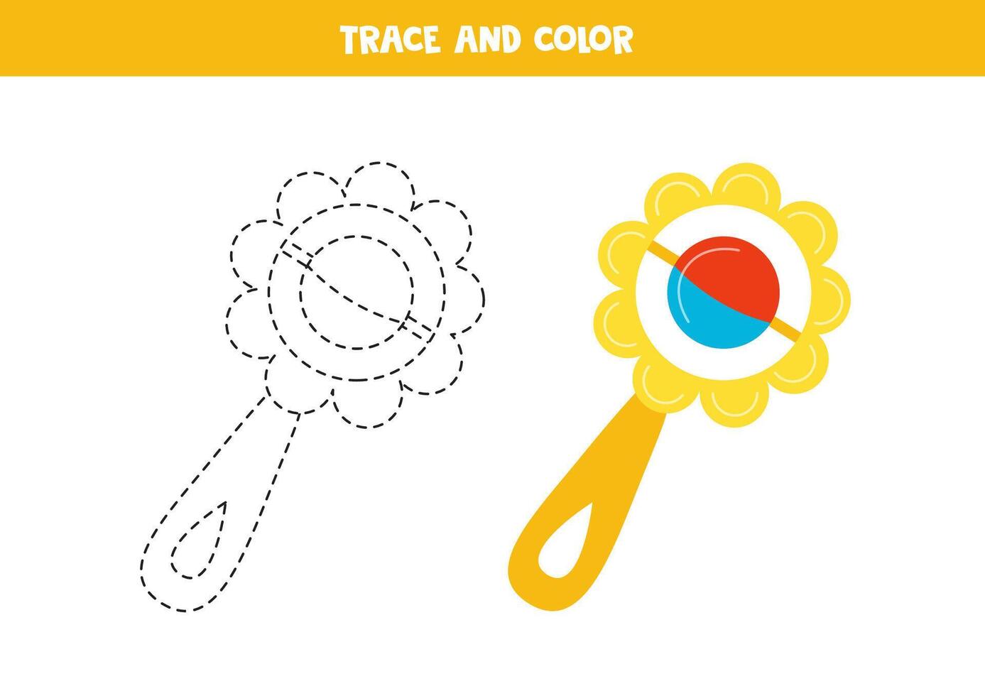 Trace and color cartoon rattle. Printable worksheet for children. vector