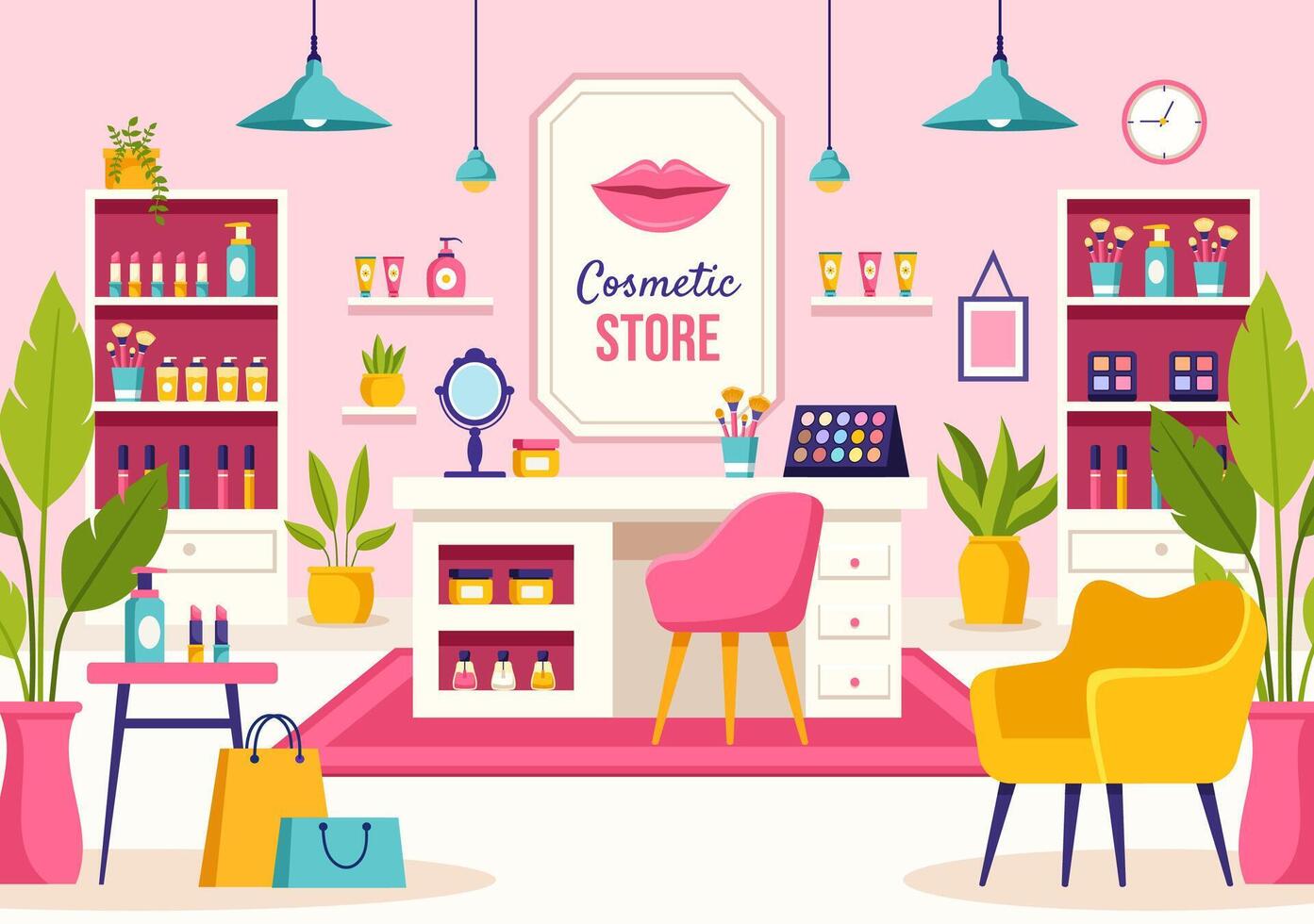 productos cosméticos Tienda ilustración con niña protección de la piel, cosmético, perfume, maquillaje y belleza productos elección en en plano dibujos animados antecedentes vector