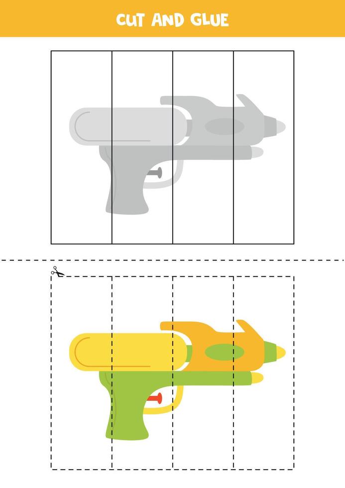 cortar y pegamento juego para niños. linda dibujos animados agua pistola. vector