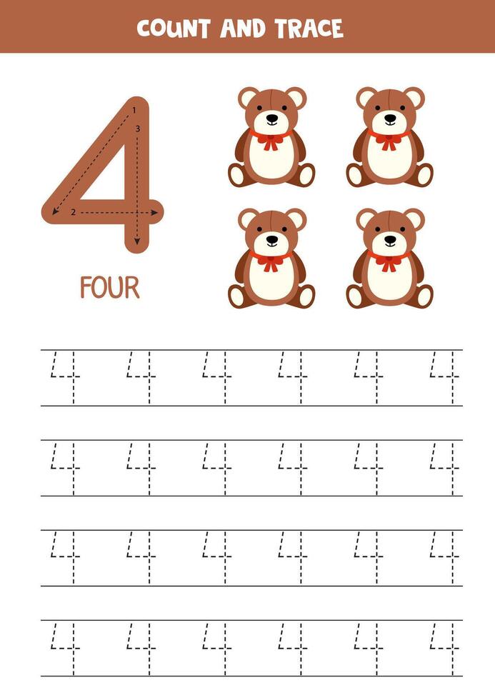 Numbers tracing practice. Writing number four. Cute cartoon teddy bears. vector